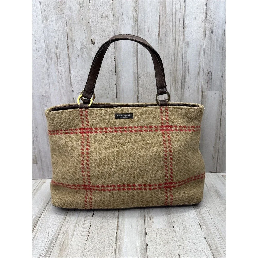 Kate Spade Vintage Tan Plaid Wool & Leather Double Handle Satchel Handbag Purse